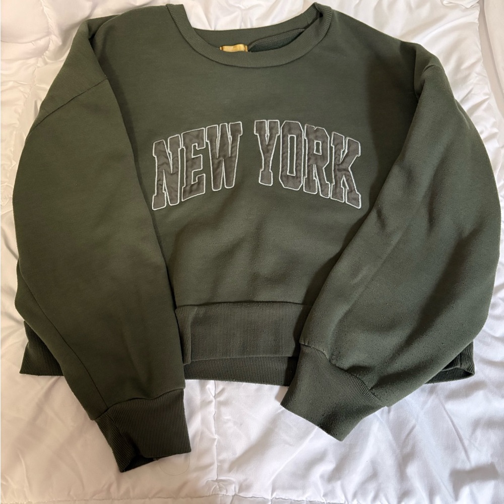 Olive Green Crew Neck Sweater with New York Print